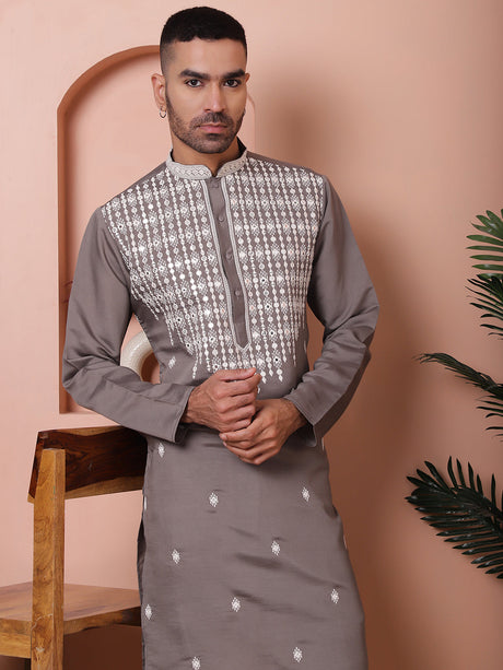 Gray Silk Embroidered Kurta Pajama Set