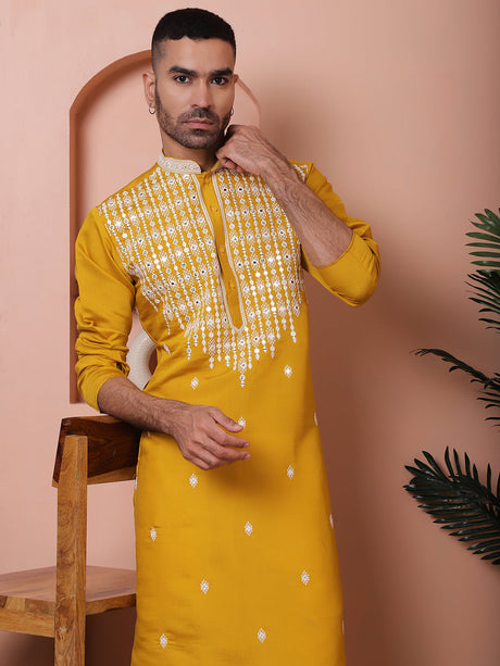 Yellow Silk Embroidered Kurta Pajama Set