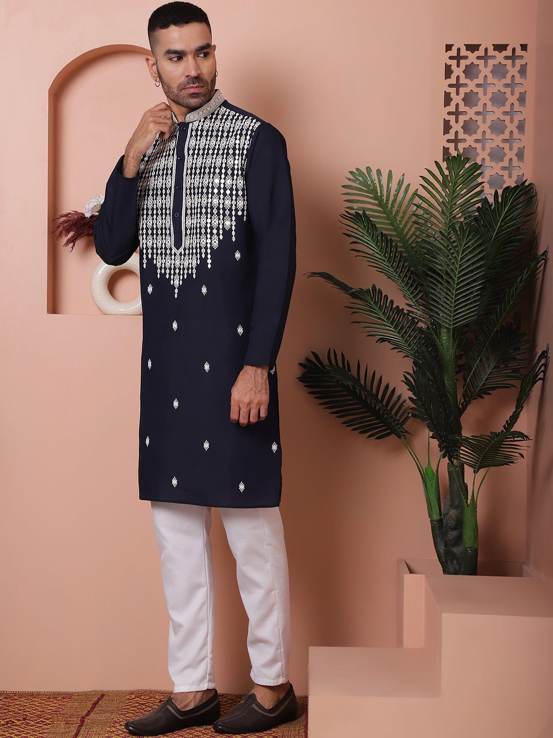 Navy Blue Silk Embroidered Kurta Pajama Set