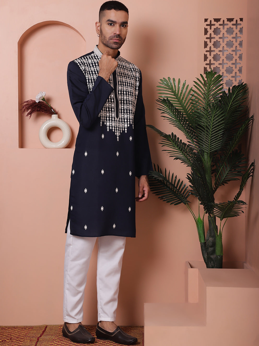 Navy Blue Silk Embroidered Kurta Pajama Set