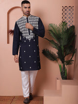 Navy Blue Silk Embroidered Kurta Pajama Set