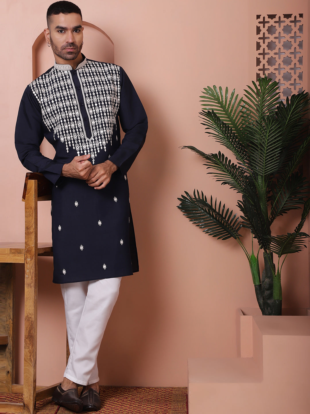 Navy Blue Silk Embroidered Kurta Pajama Set