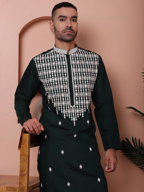 Olive Silk Embroidered Kurta Pajama Set