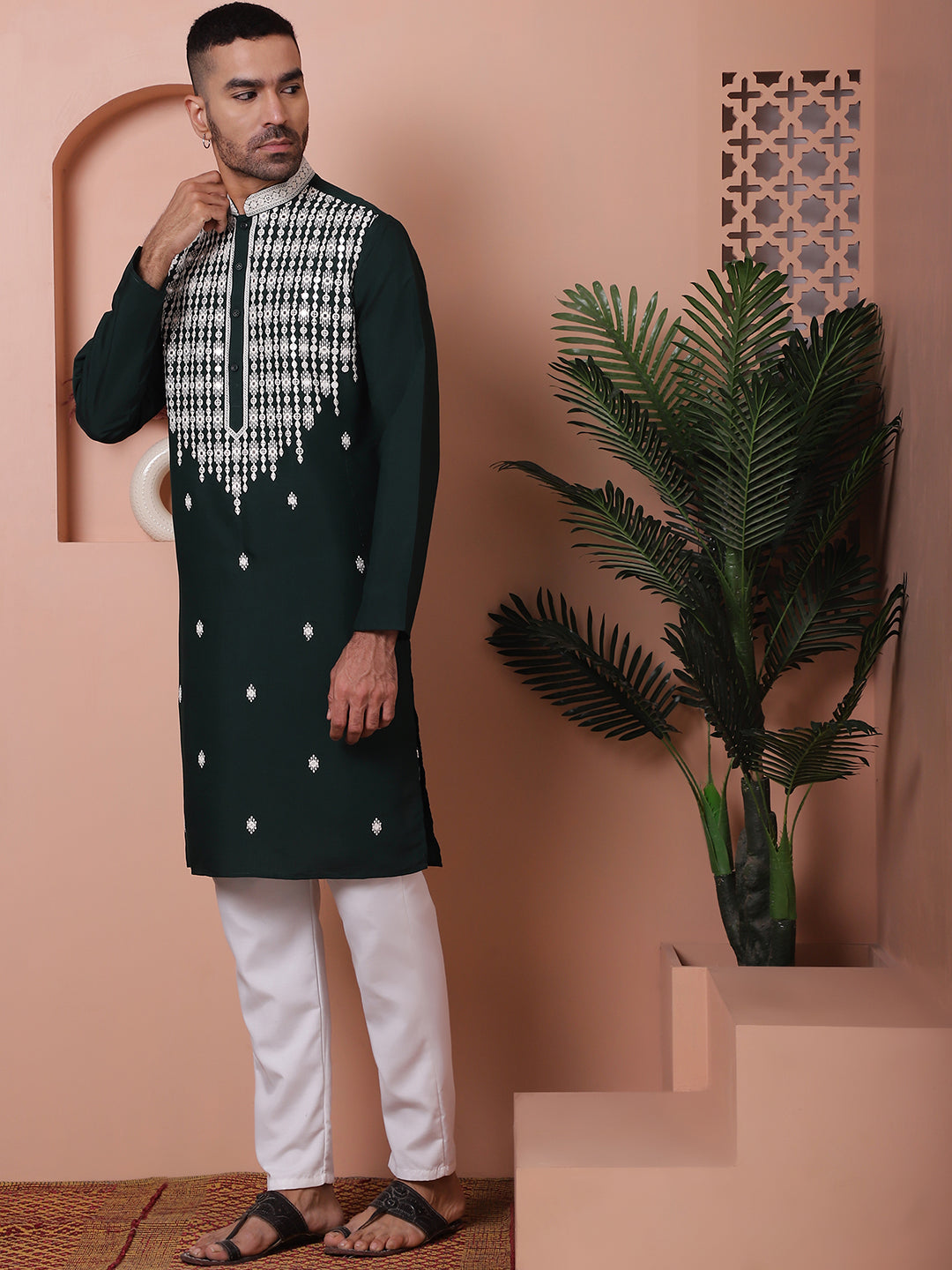 Olive Silk Embroidered Kurta Pajama Set