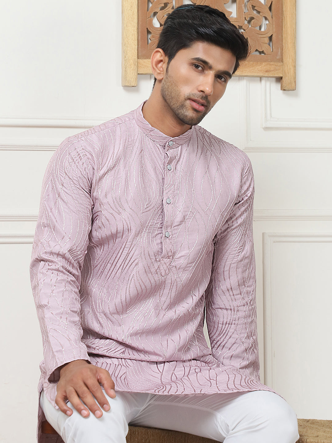 Lavender Cotton Woven Embroidered Kurta Pajama Set