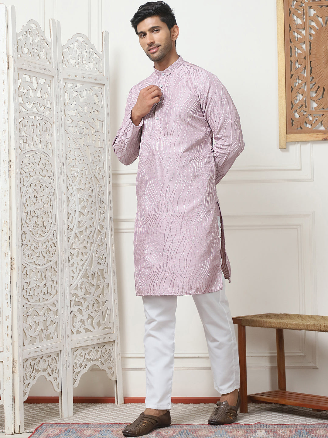 Lavender Cotton Woven Embroidered Kurta Pajama Set