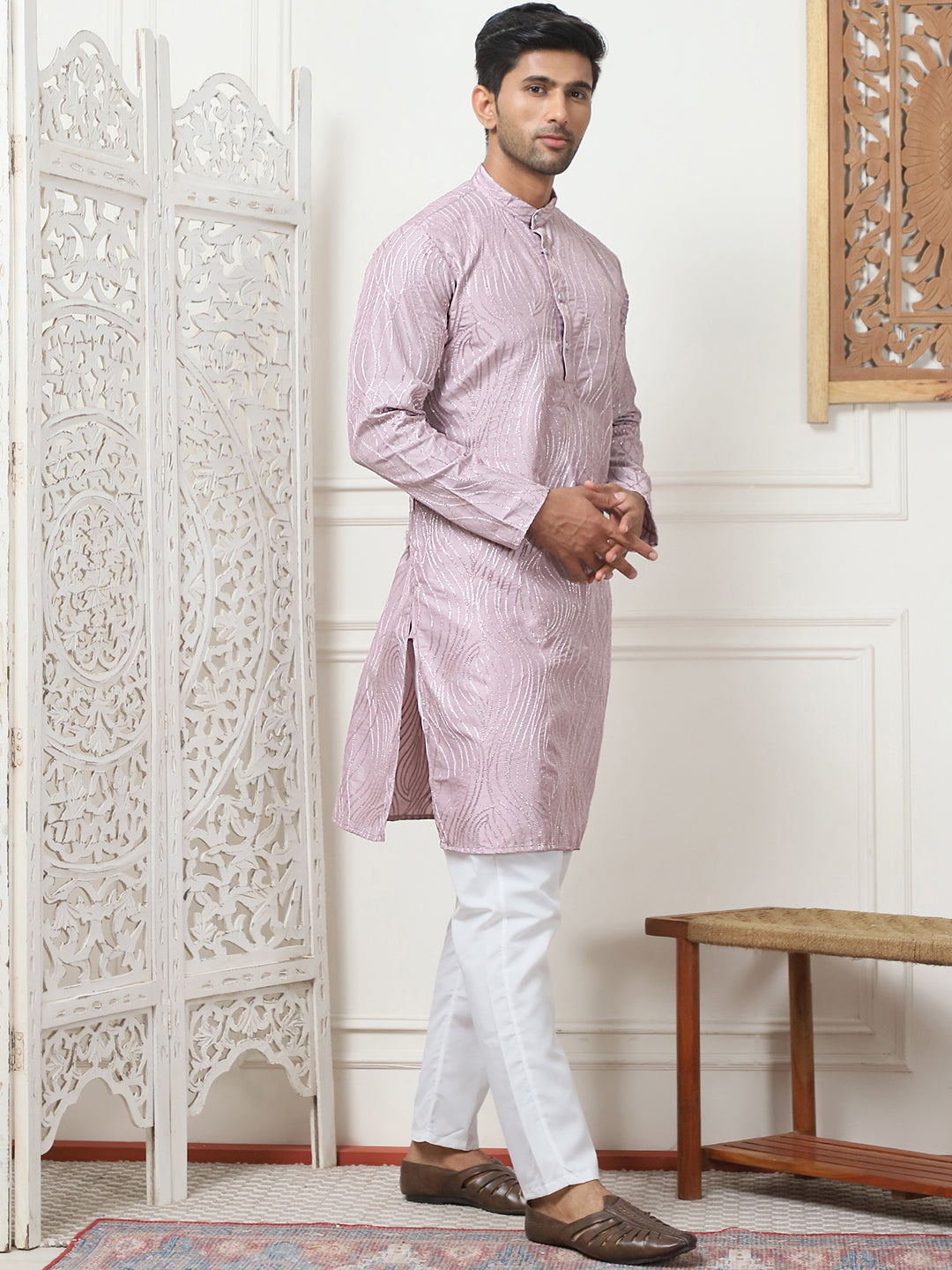 Lavender Cotton Woven Embroidered Kurta Pajama Set