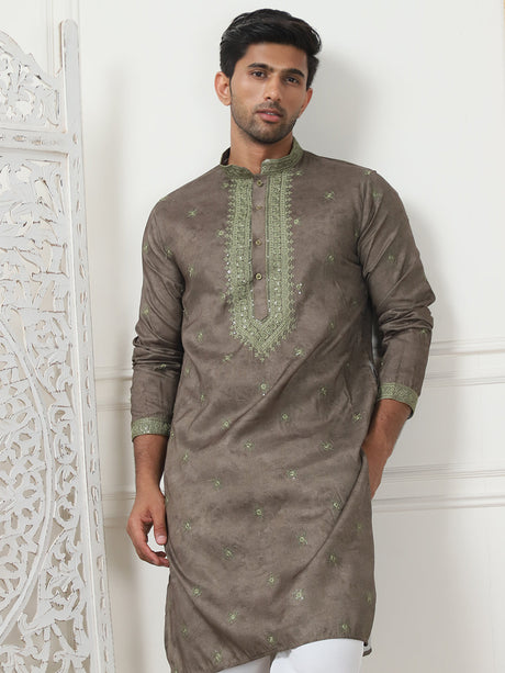 Brown Cotton Embroidered Kurta Pajama Set