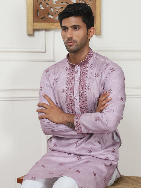 Lavender Cotton Embroidered Kurta Pajama Set