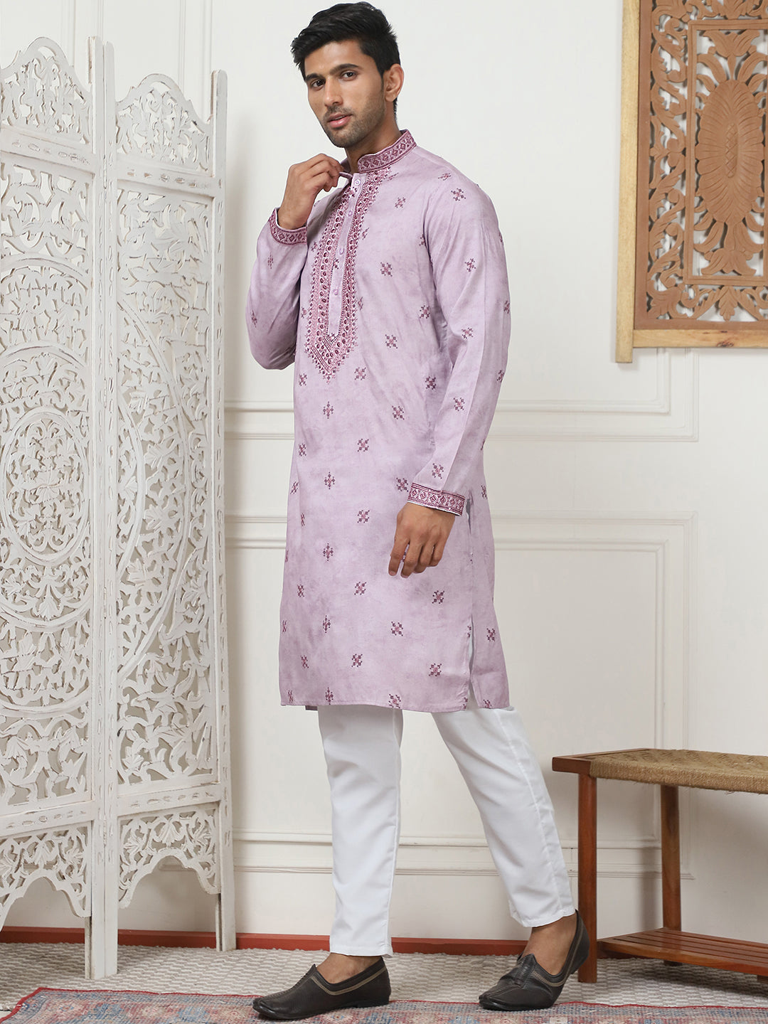 Lavender Cotton Embroidered Kurta Pajama Set