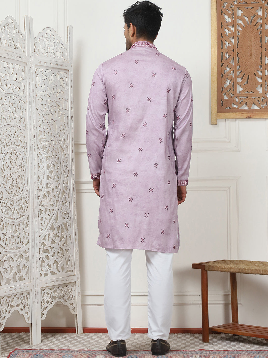 Lavender Cotton Embroidered Kurta Pajama Set