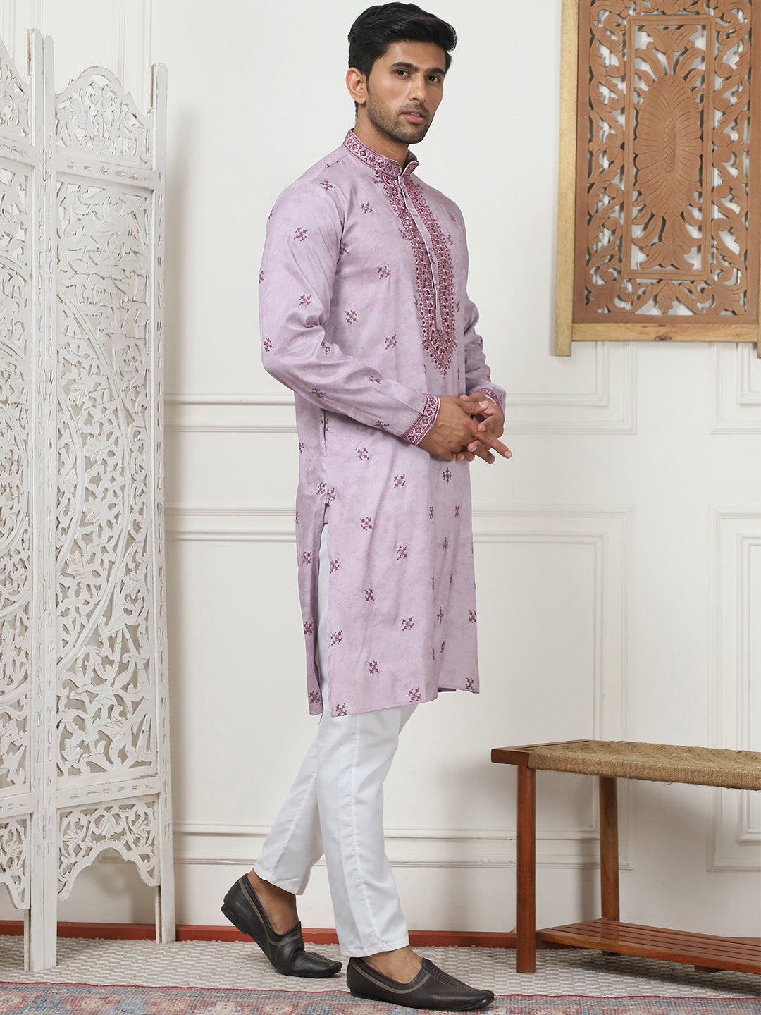 Lavender Cotton Embroidered Kurta Pajama Set