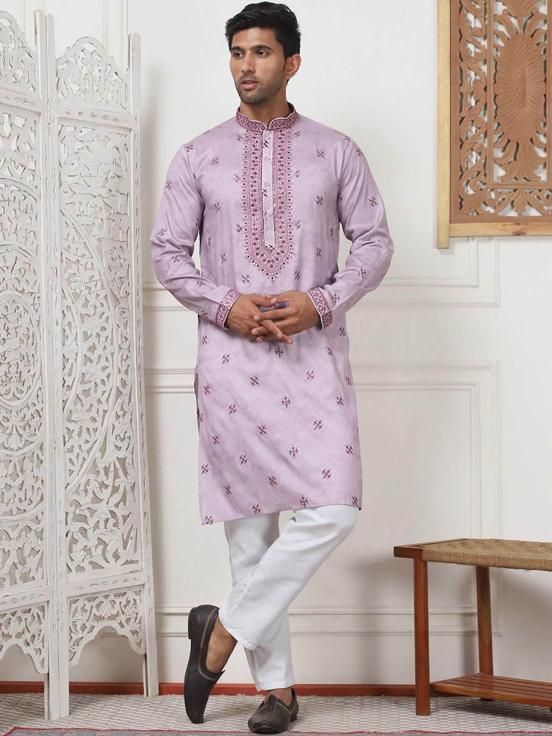 Lavender Cotton Embroidered Kurta Pajama Set