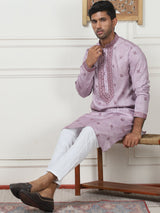 Lavender Cotton Embroidered Kurta Pajama Set