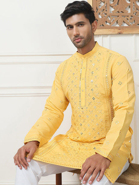 Yellow Cotton Mirror Sequin Embroidered Kurta Pajama Set