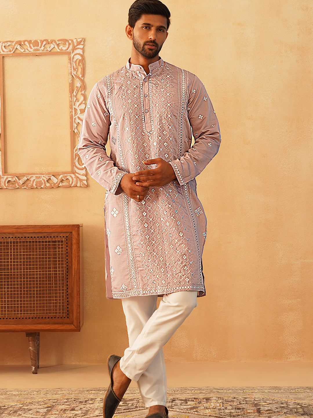 Peach Cotton Embroidered Kurta Pajama Set