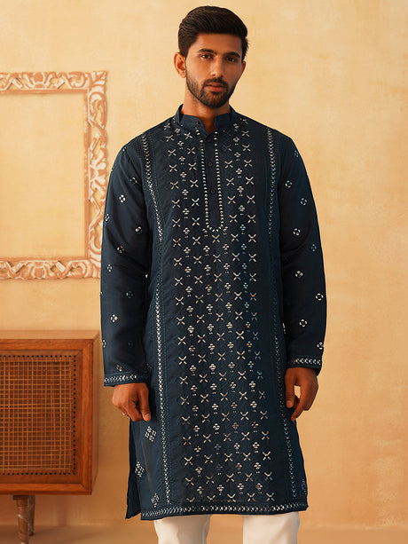 Teal Cotton Mirror Sequin Embroidered Kurta Pajama Set