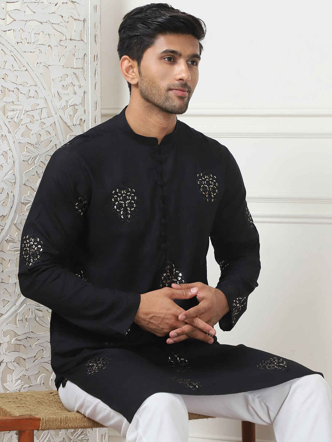 Black Viscose Mirror Sequin Embroidered Kurta Pajama Set