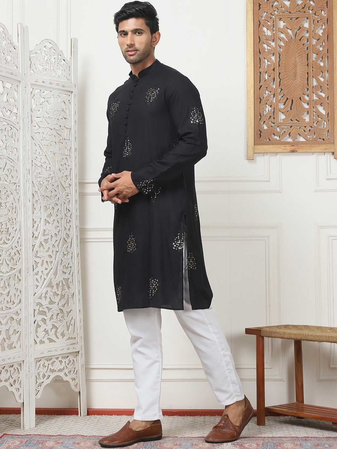 Black Viscose Mirror Sequin Embroidered Kurta Pajama Set