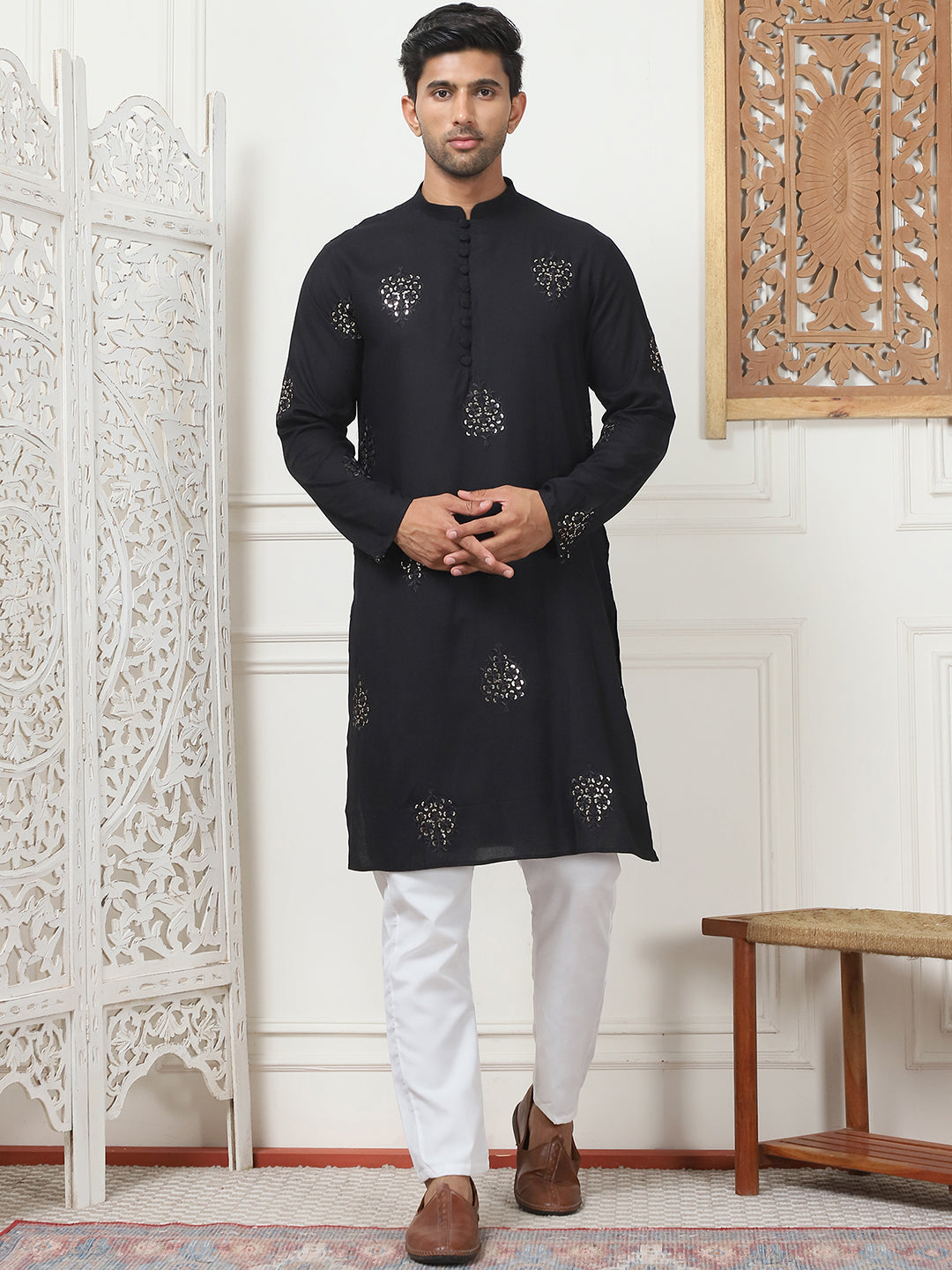 Black Viscose Mirror Sequin Embroidered Kurta Pajama Set