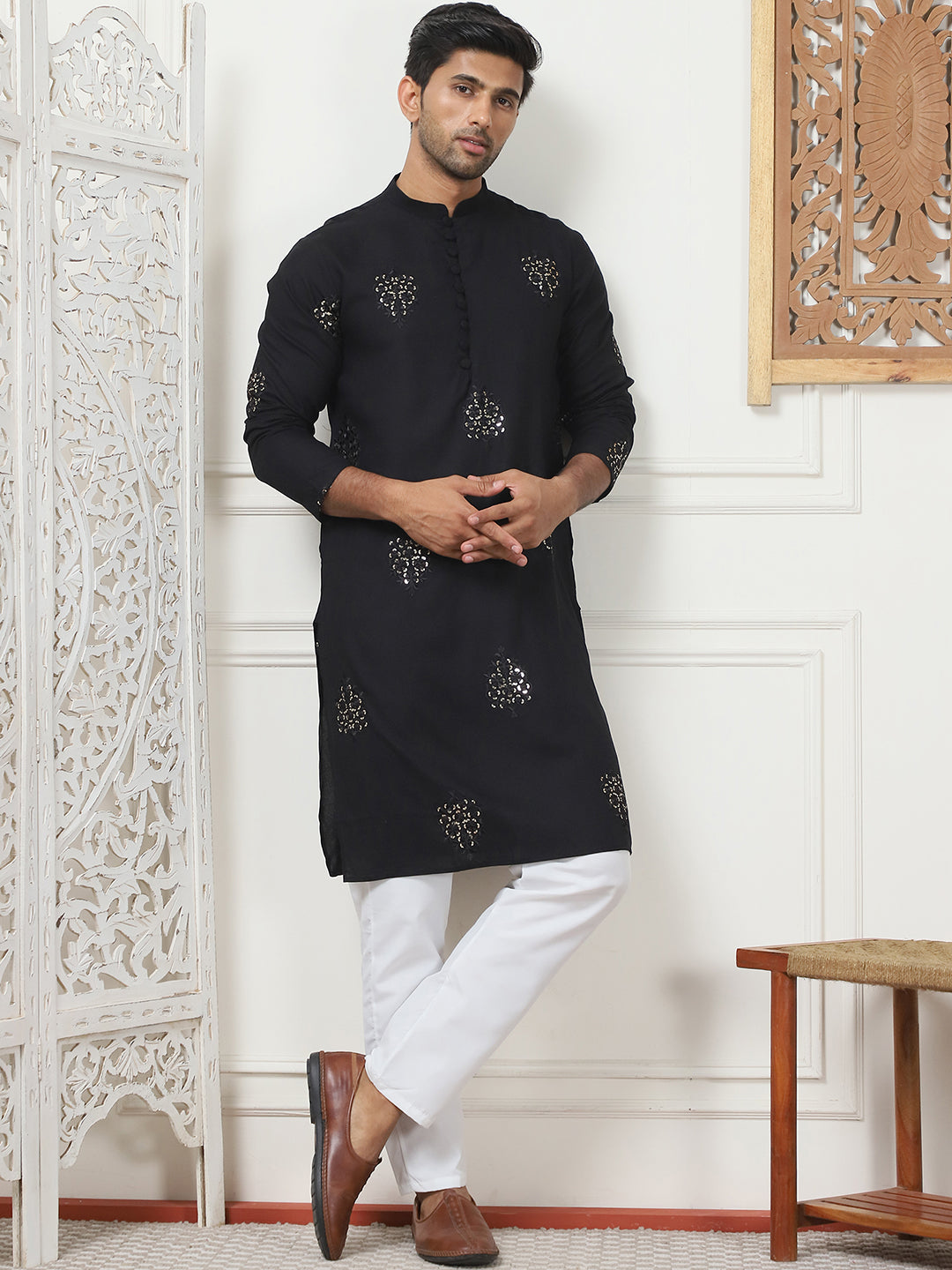 Black Viscose Mirror Sequin Embroidered Kurta Pajama Set