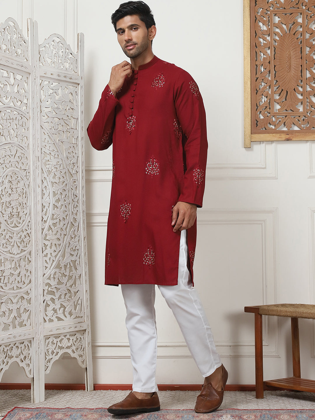 Red Viscose Mirror Sequin Embroidered Kurta Pajama Set