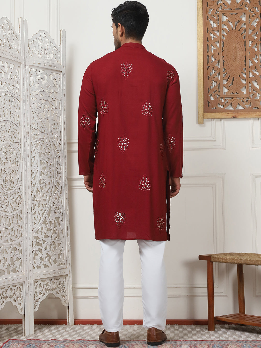 Red Viscose Mirror Sequin Embroidered Kurta Pajama Set