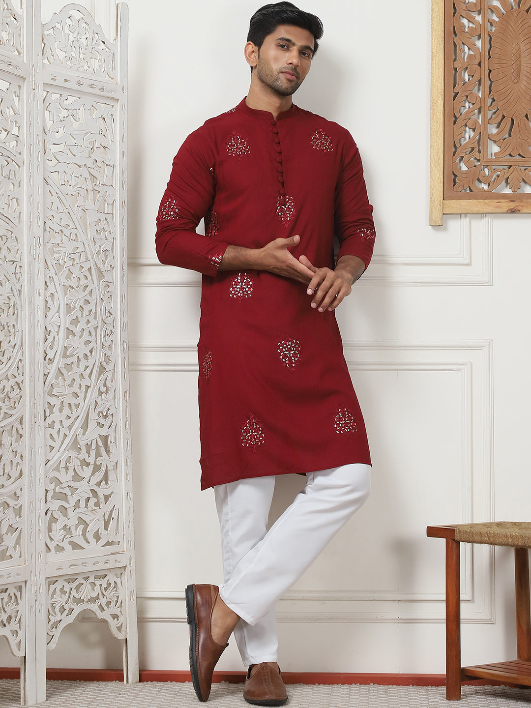 Red Viscose Mirror Sequin Embroidered Kurta Pajama Set