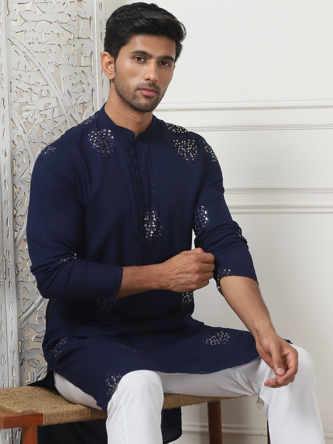 Navy Blue Viscose Mirror Sequin Embroidered Kurta Pajama Set