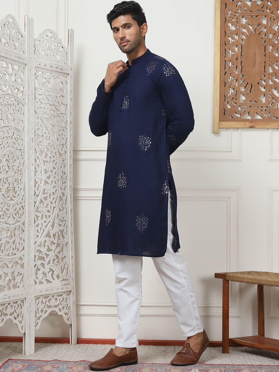 Navy Blue Viscose Mirror Sequin Embroidered Kurta Pajama Set