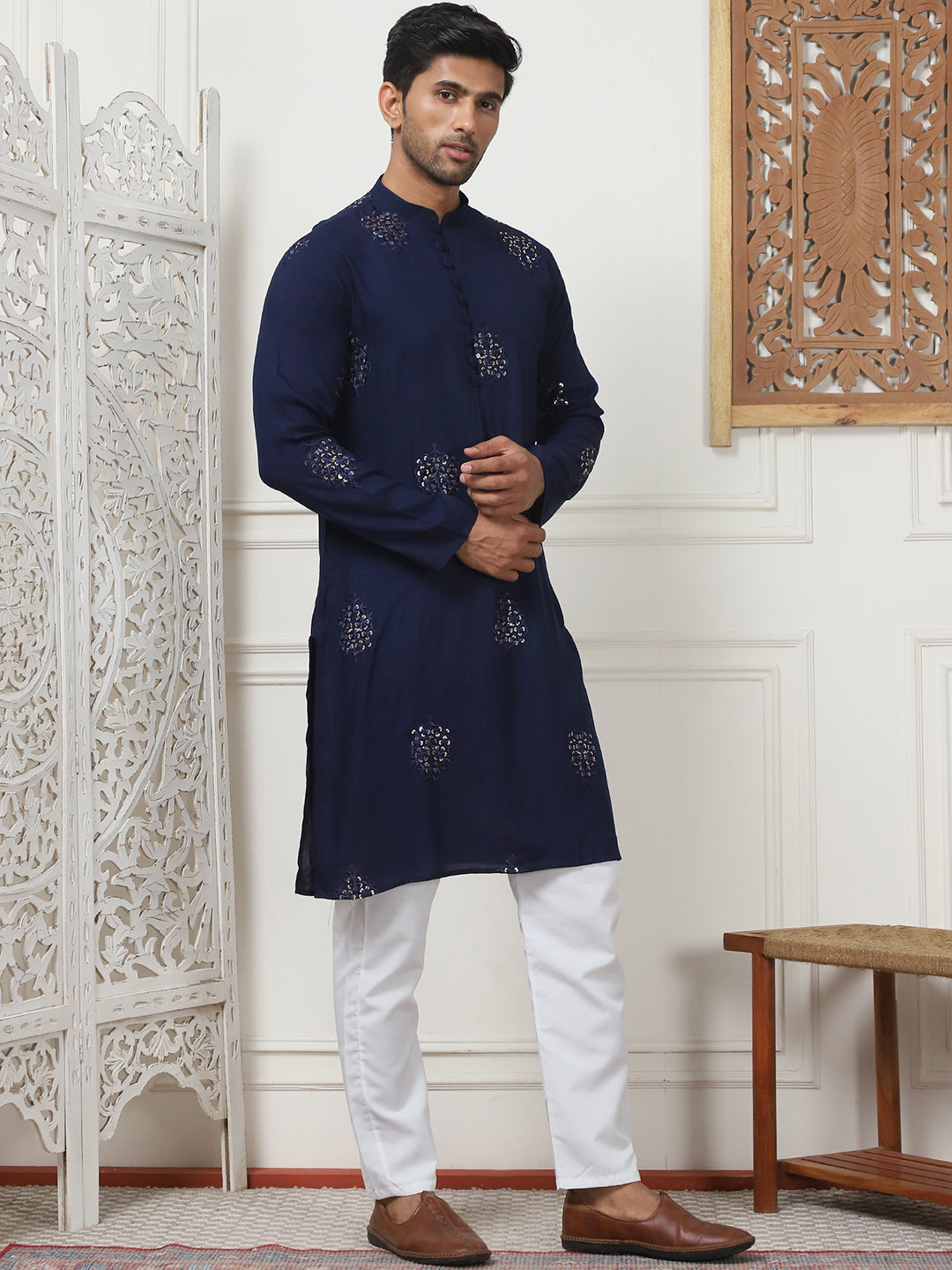 Navy Blue Viscose Mirror Sequin Embroidered Kurta Pajama Set