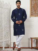 Navy Blue Viscose Mirror Sequin Embroidered Kurta Pajama Set