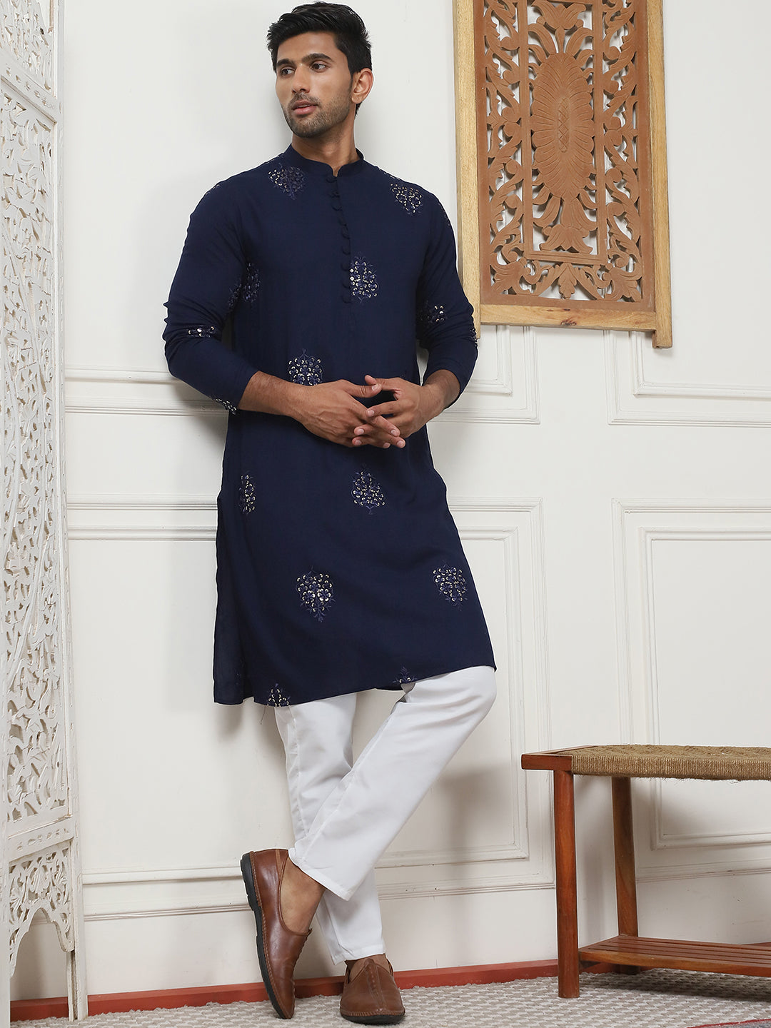 Navy Blue Viscose Mirror Sequin Embroidered Kurta Pajama Set