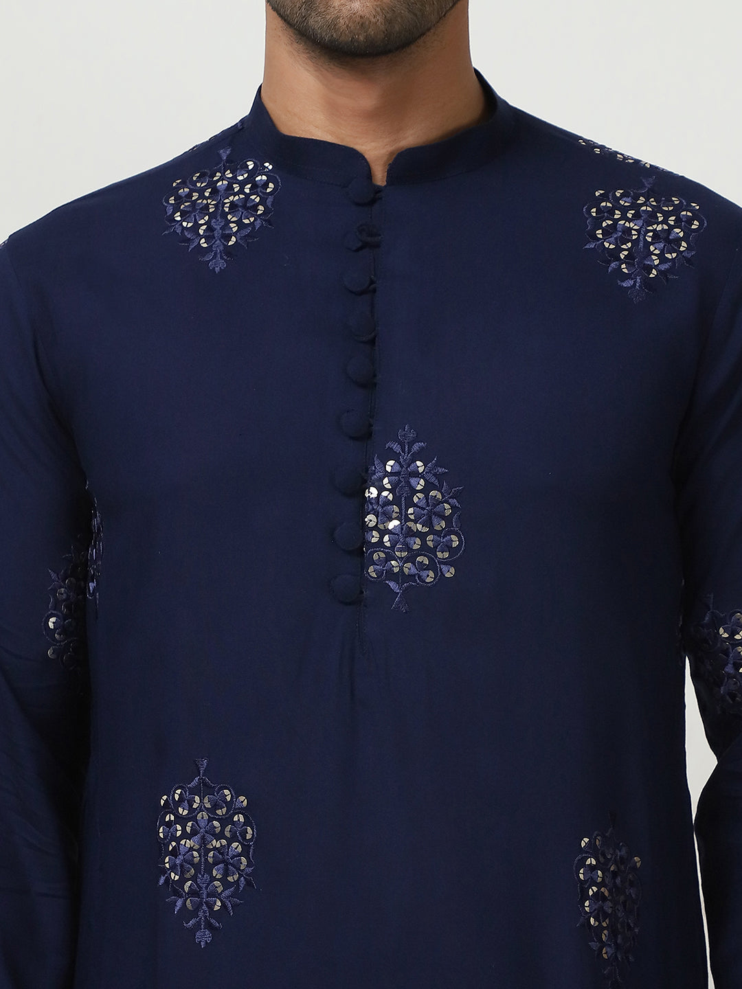 Navy Blue Viscose Mirror Sequin Embroidered Kurta Pajama Set