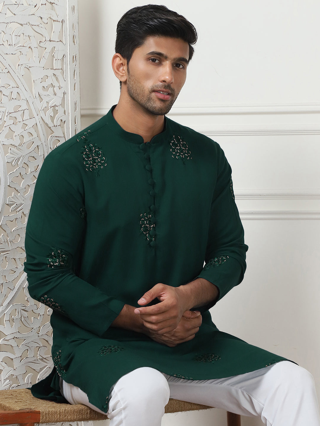 Green Viscose Mirror Sequin Embroidered Kurta Pajama Set