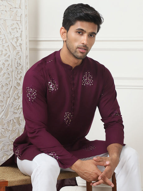 Purple Viscose Mirror Sequin Embroidered Kurta Pajama Set