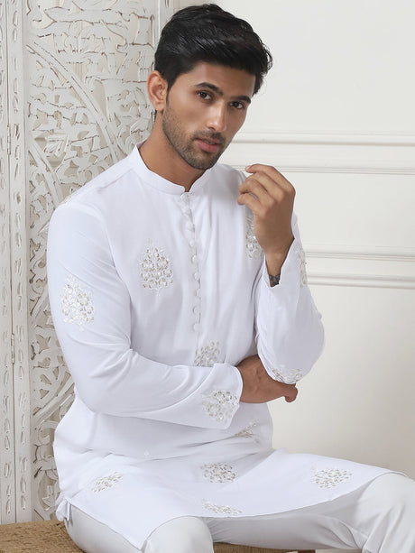 White Viscose Mirror Sequin Embroidered Kurta Pajama Set