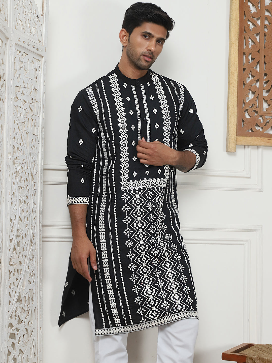 Black Silk Embroidered Kurta Pajama Set