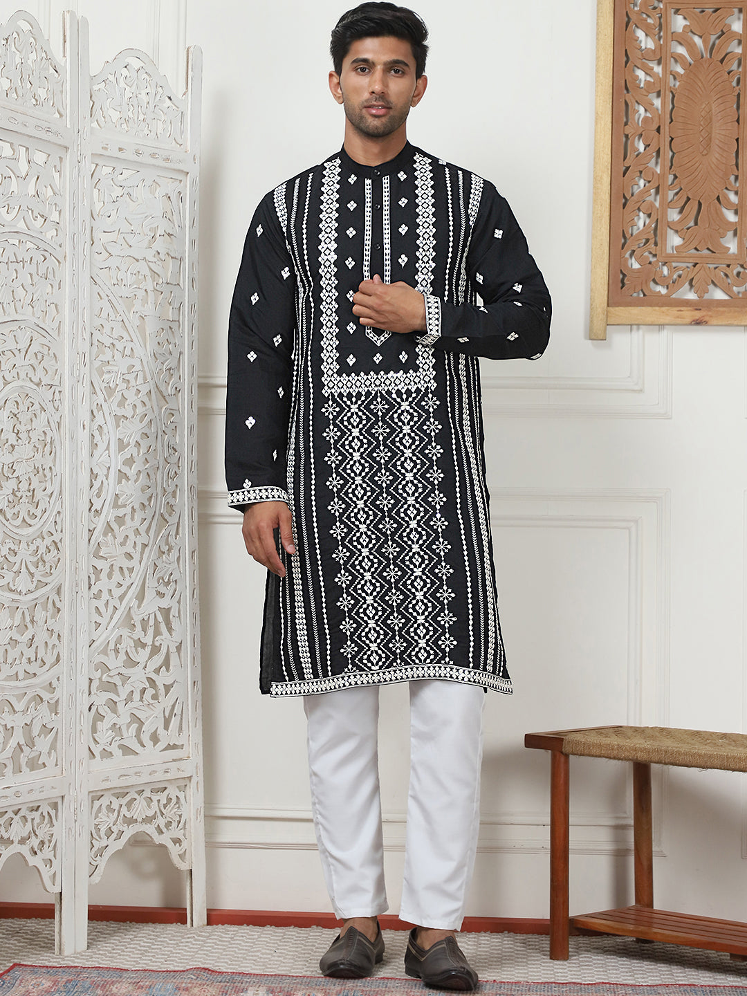 Black Silk Embroidered Kurta Pajama Set