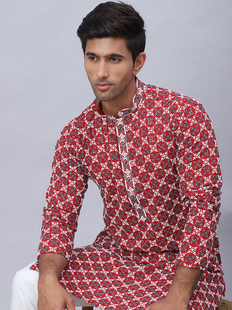 Red Viscose Embroidered Kurta Pajama Set