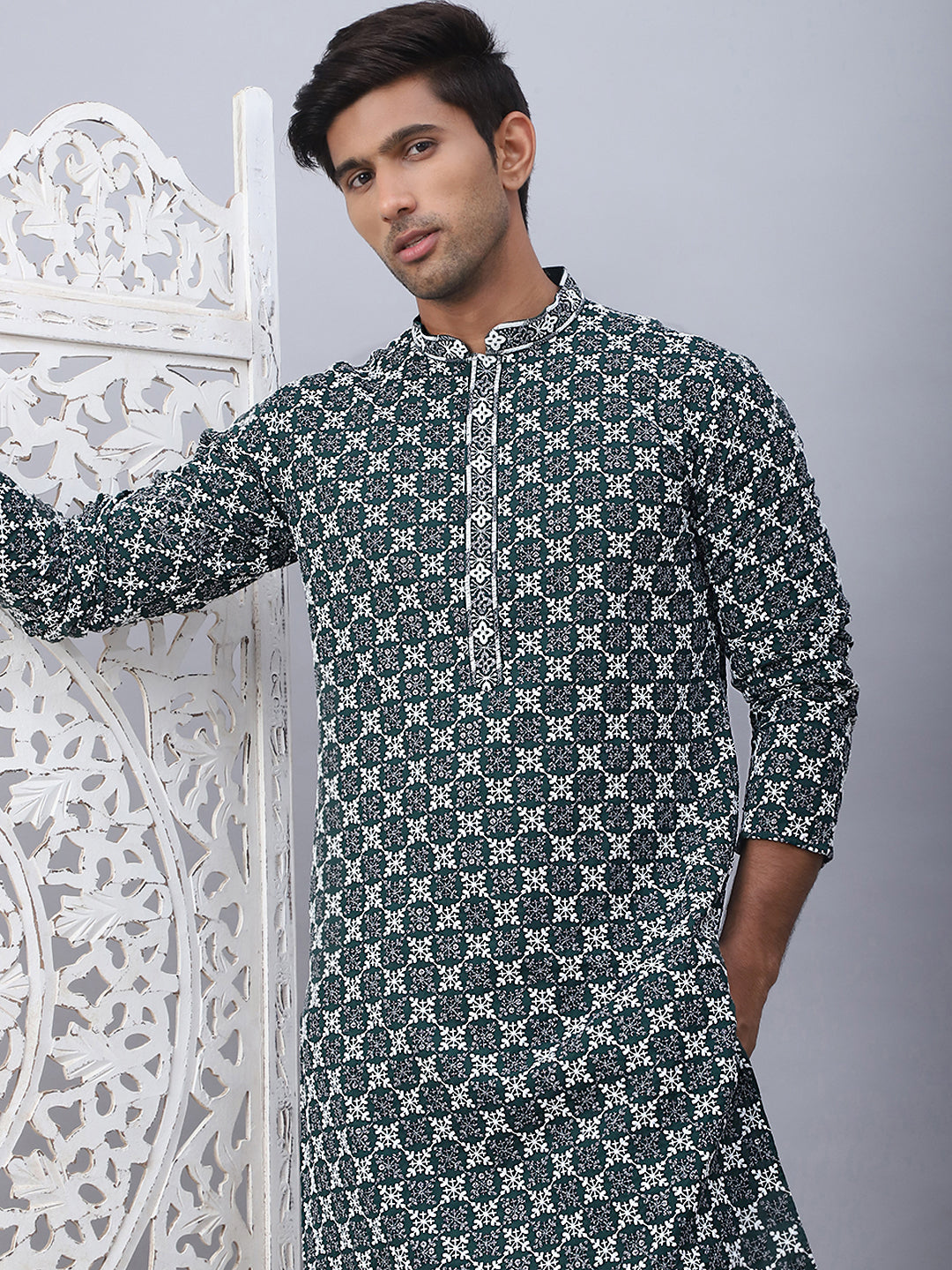 Olive Viscose Embroidered Kurta Pajama Set