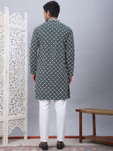 Olive Viscose Embroidered Kurta Pajama Set