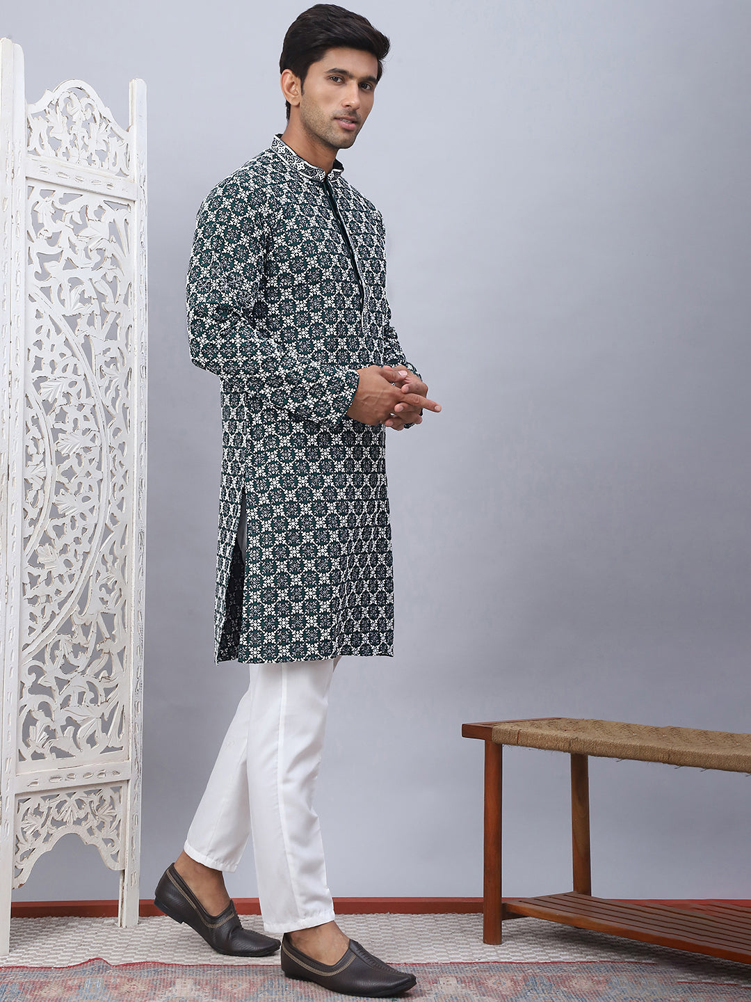 Olive Viscose Embroidered Kurta Pajama Set