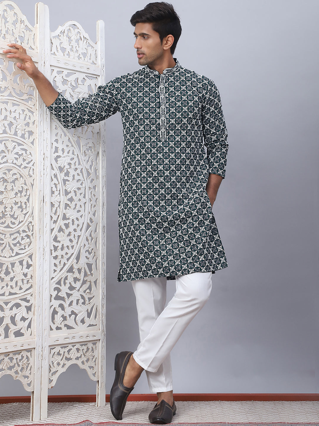 Olive Viscose Embroidered Kurta Pajama Set