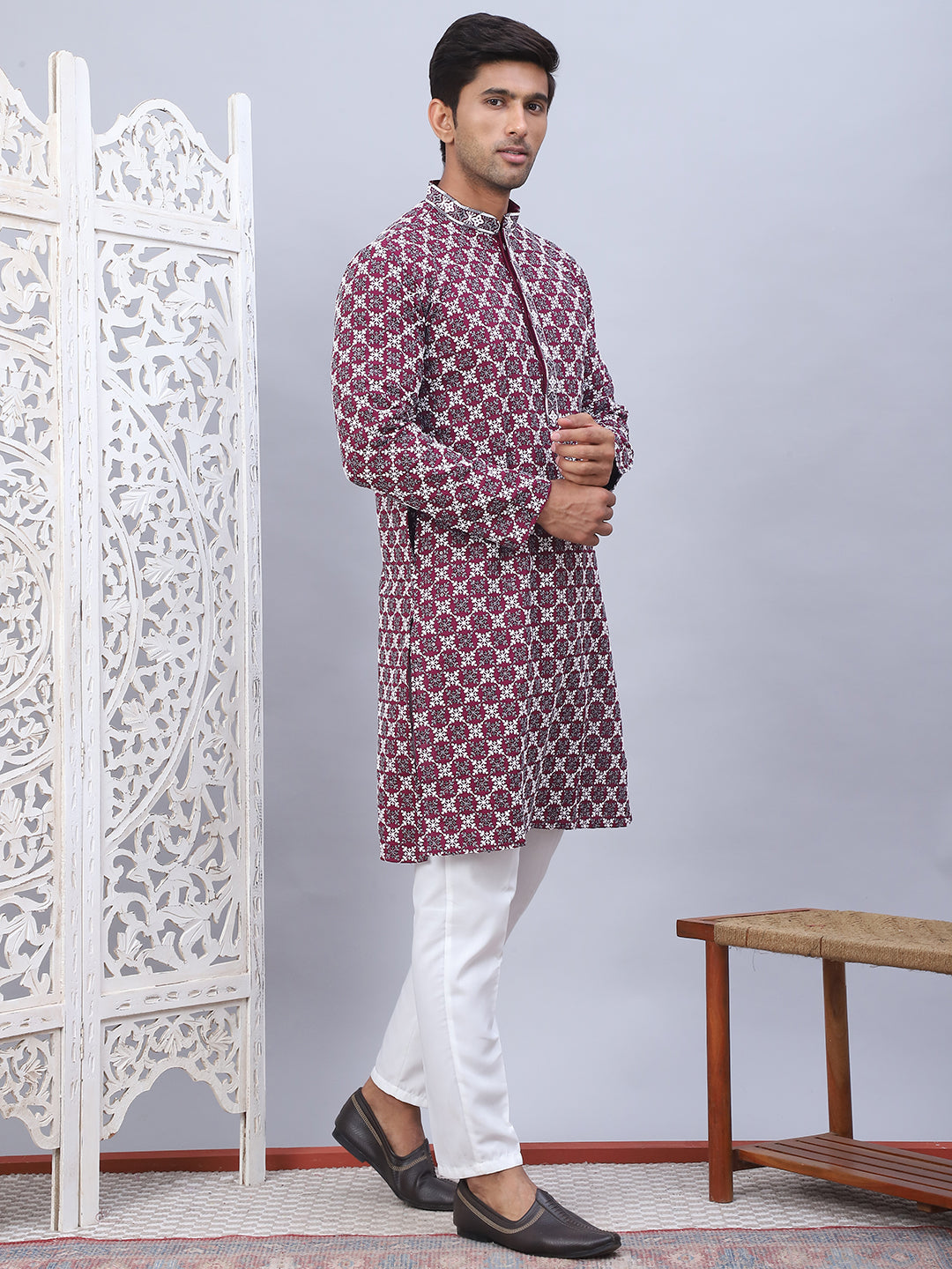 Purple Viscose Embroidered Kurta Pajama Set