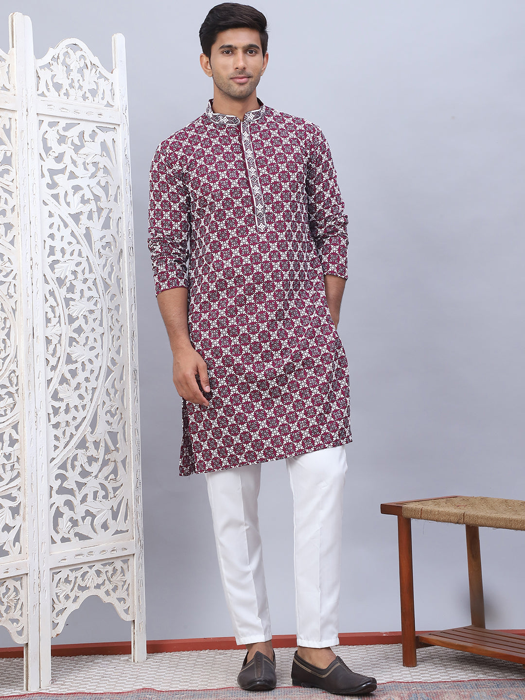 Purple Viscose Embroidered Kurta Pajama Set