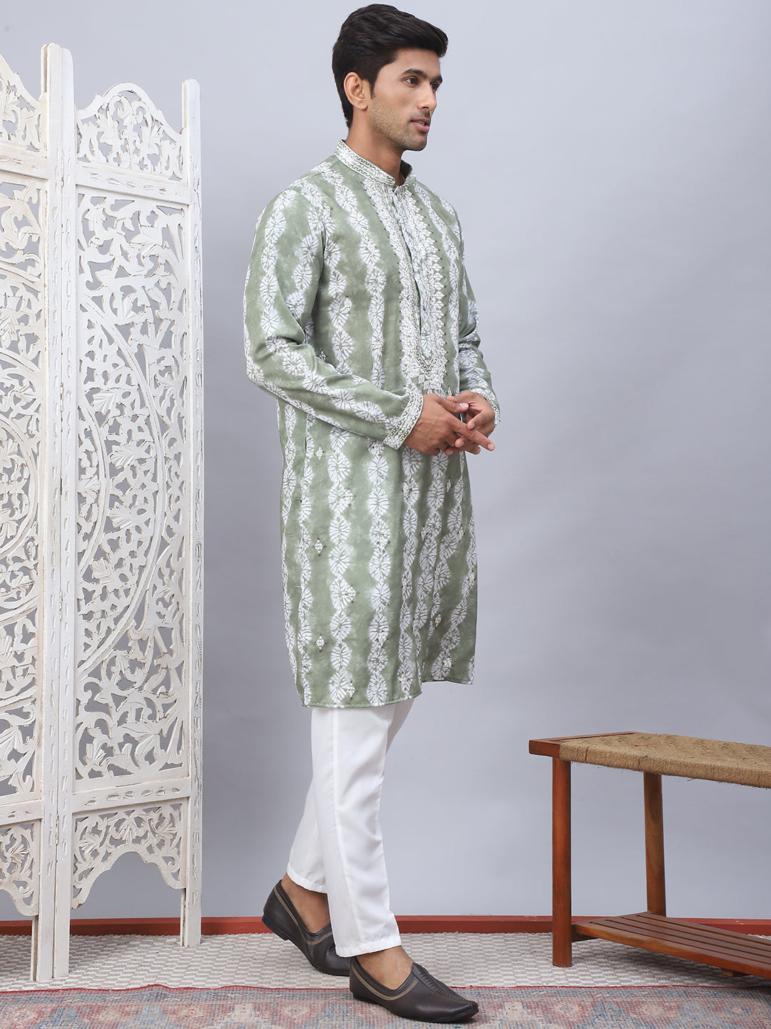 Green Viscose Embroidered Kurta Pajama Set