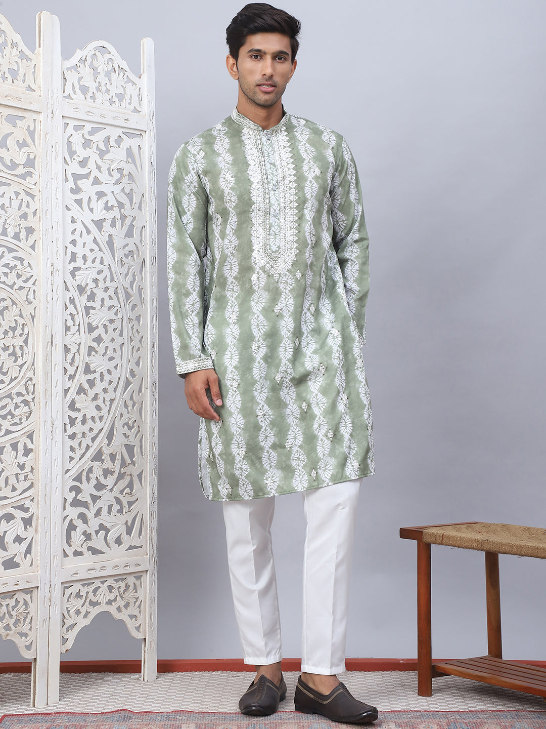 Green Viscose Embroidered Kurta Pajama Set