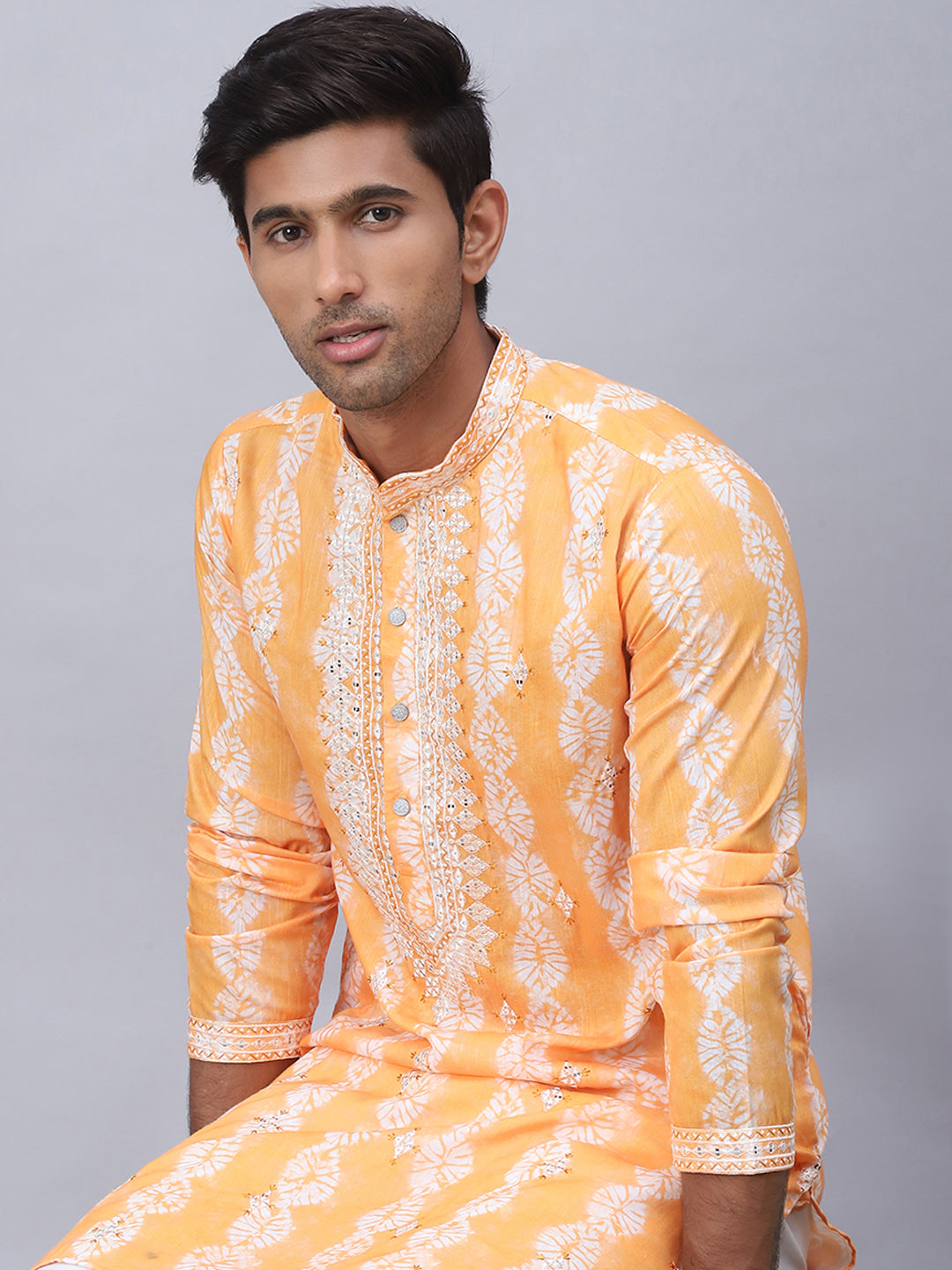 Orange Viscose Embroidered Kurta Pajama Set