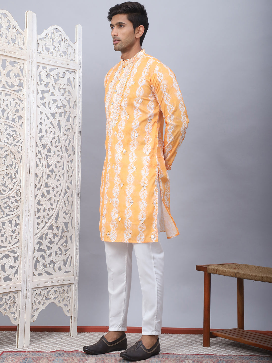 Orange Viscose Embroidered Kurta Pajama Set